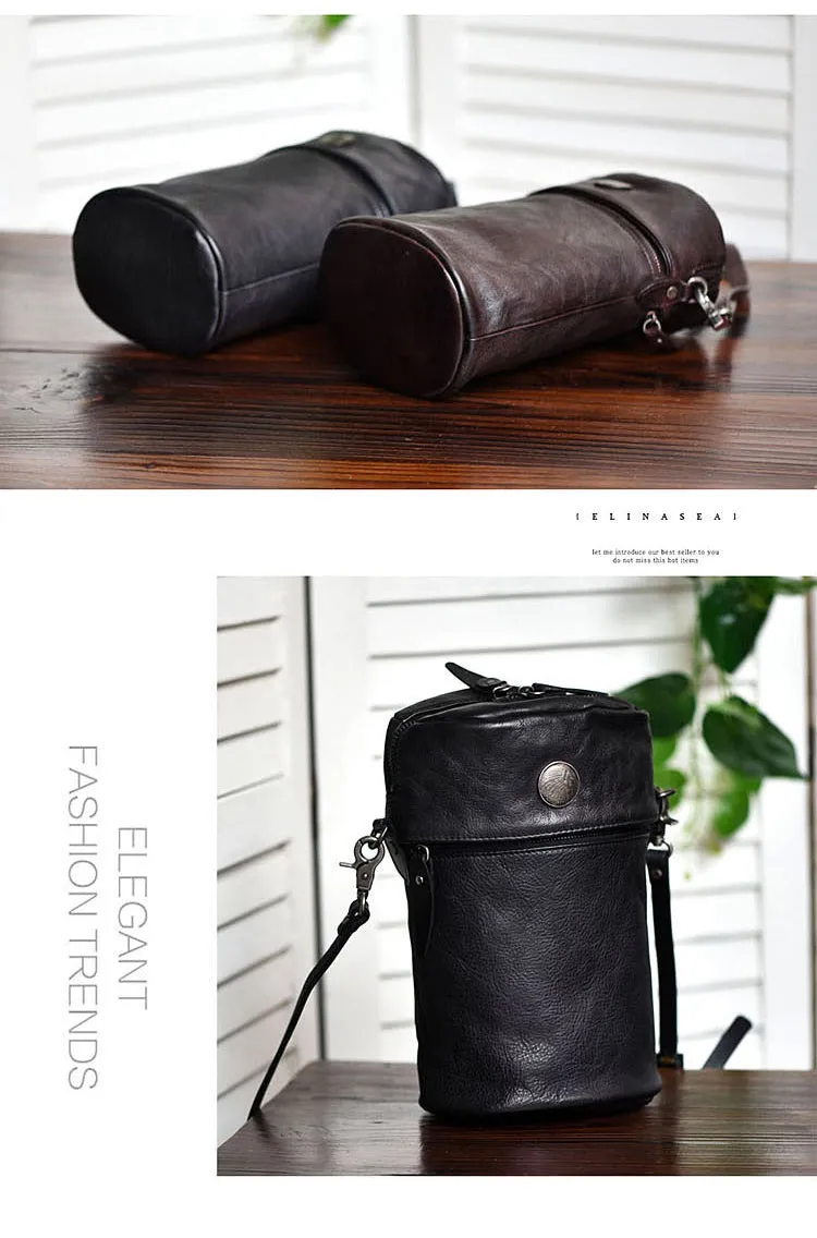 Womens Brown Leather Bucket Crossbody Bag Purse Vintage Handmade Round Barrel Shoulder Bag for Women