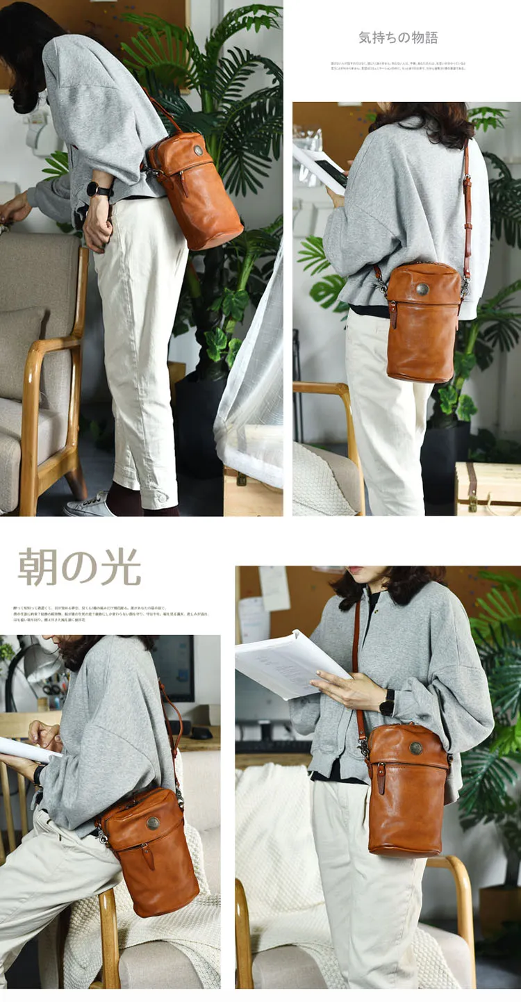 Womens Brown Leather Bucket Crossbody Bag Purse Vintage Handmade Round Barrel Shoulder Bag for Women