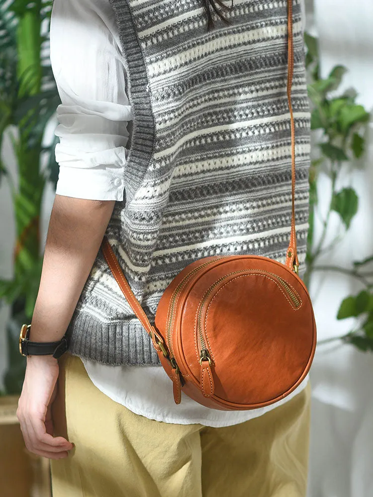 Womens Brown Leather Round Crossbody Bag Handmade Round Small Shoulder Bag for Women
