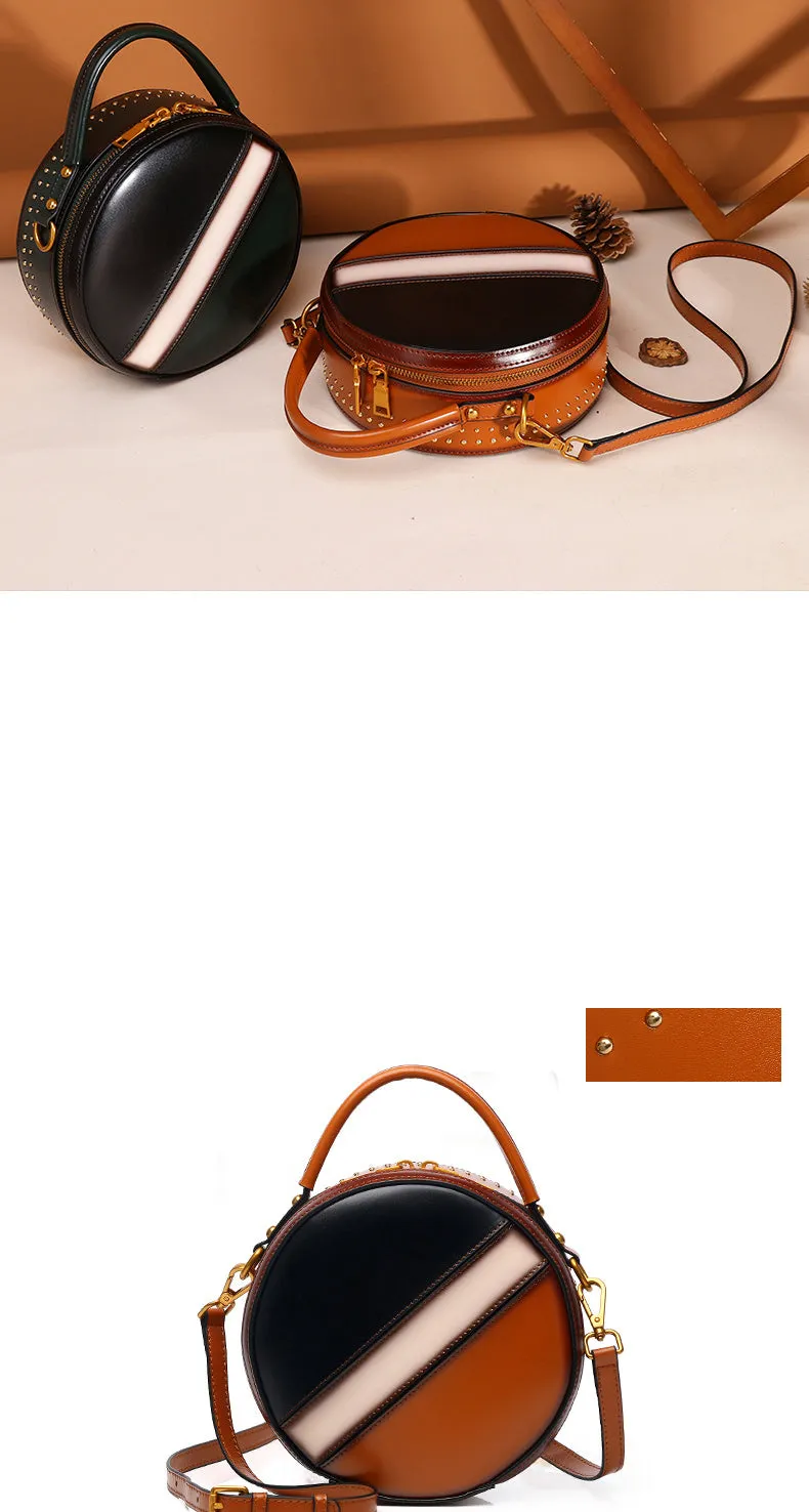 Womens Brown Leather Round Handbag CONTRAST COLOR Crossbody Purse Brown Round Shoulder Bag for Women