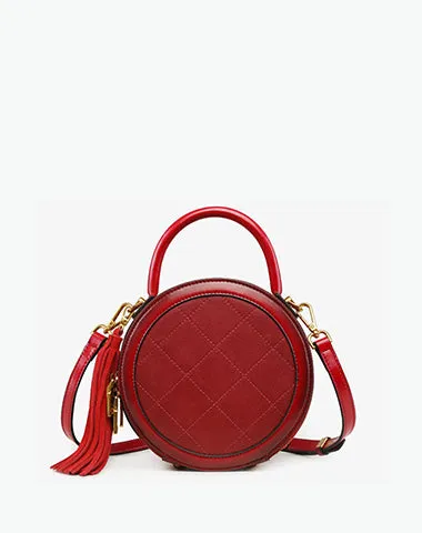 Womens Brown Leather Round Handbag Small Crossbody Purse Round Shoulder Bag for Women