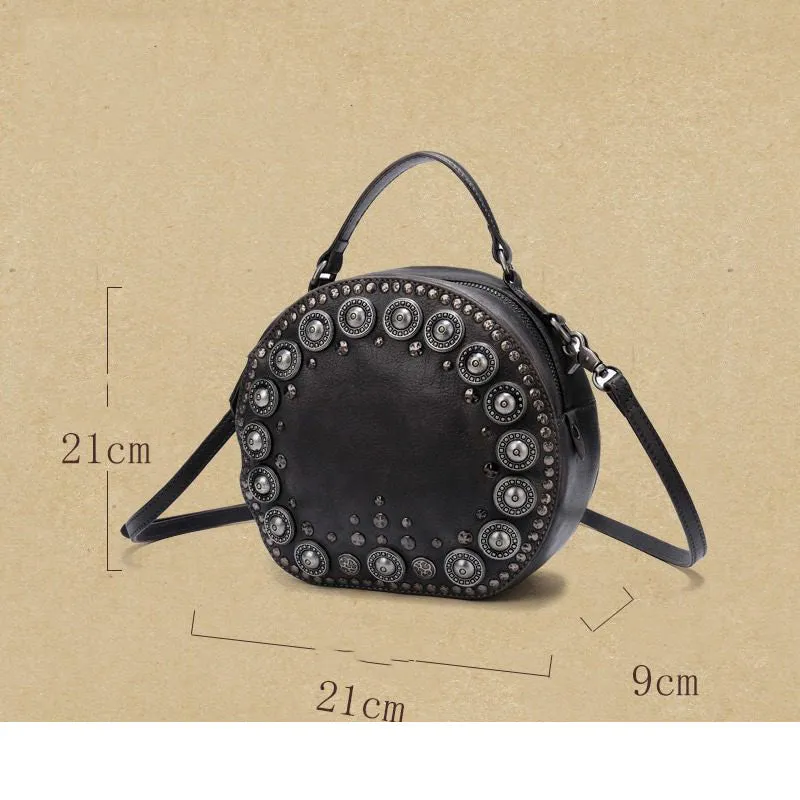 Womens Gray Leather Round Handbag Purses Rivet Round Handmade Shoulder Bag Crossbody Handbag for Women