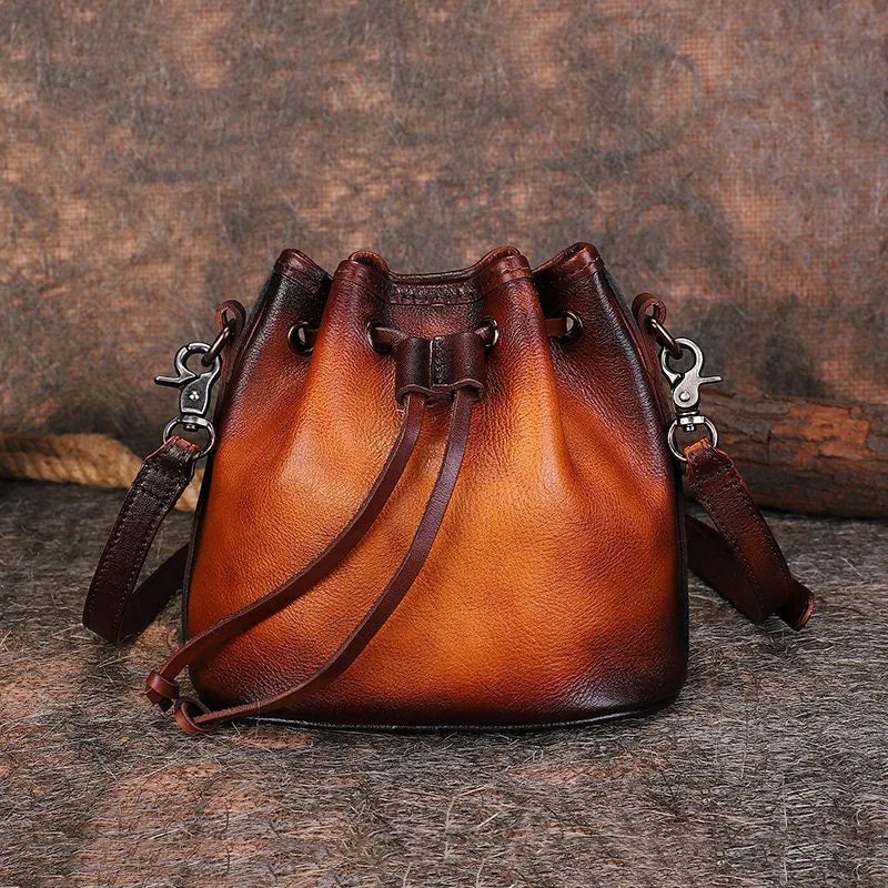 Womens Green Leather Barrel Crossbody Bag Purse Vintage Round Bucket Shoulder Bag for Women