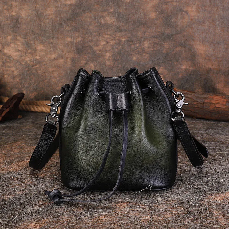 Womens Green Leather Barrel Crossbody Bag Purse Vintage Round Bucket Shoulder Bag for Women