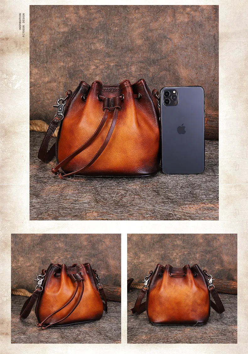 Womens Green Leather Barrel Crossbody Bag Purse Vintage Round Bucket Shoulder Bag for Women