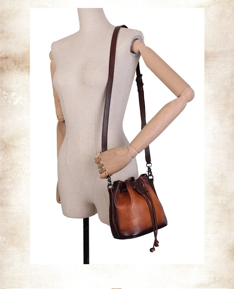 Womens Green Leather Barrel Crossbody Bag Purse Vintage Round Bucket Shoulder Bag for Women