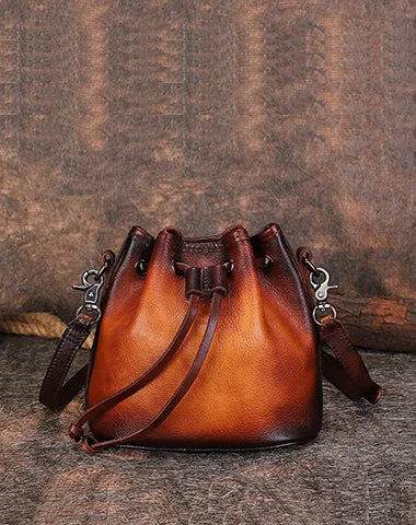 Womens Green Leather Barrel Crossbody Bag Purse Vintage Round Bucket Shoulder Bag for Women
