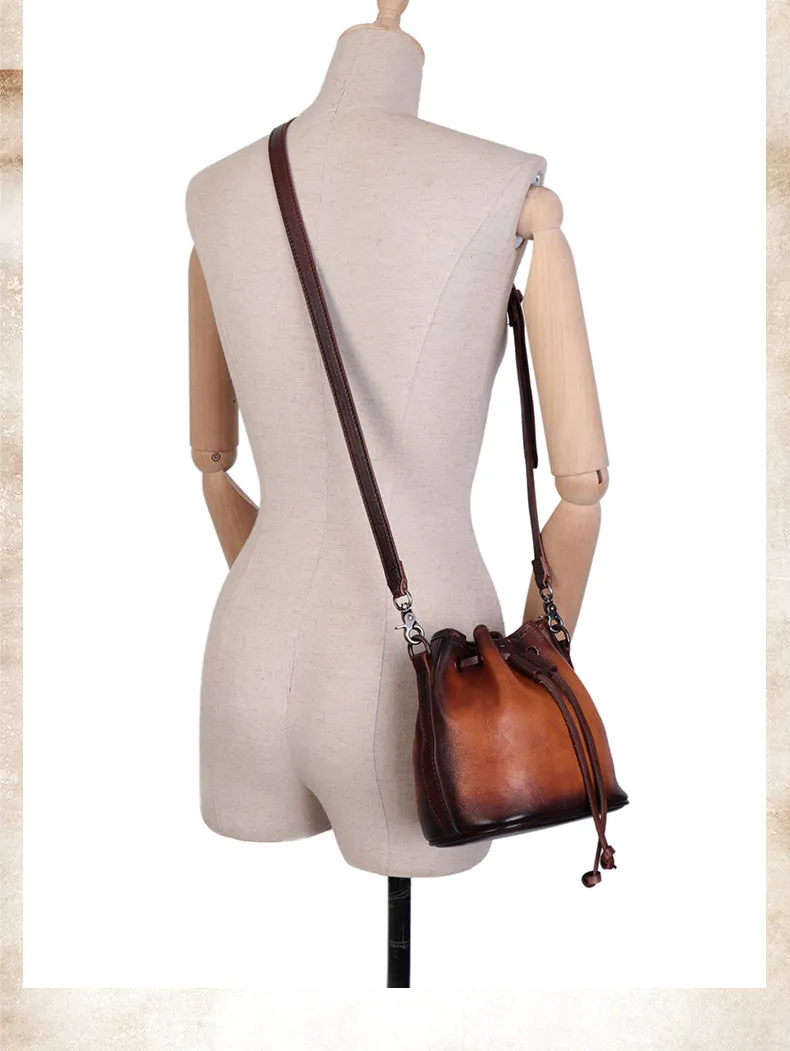 Womens Green Leather Barrel Crossbody Bag Purse Vintage Round Bucket Shoulder Bag for Women