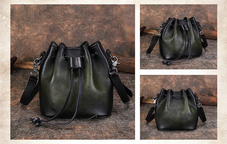 Womens Green Leather Barrel Crossbody Bag Purse Vintage Round Bucket Shoulder Bag for Women
