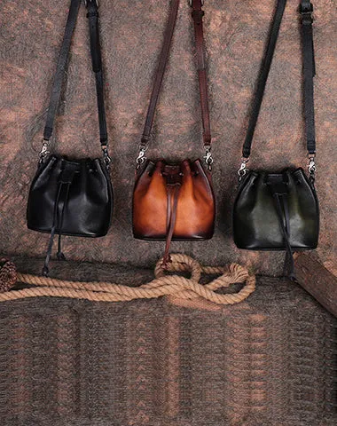 Womens Green Leather Barrel Crossbody Bag Purse Vintage Round Bucket Shoulder Bag for Women