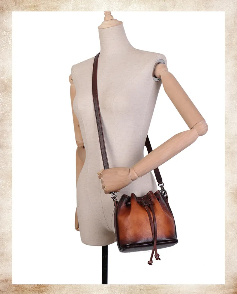 Womens Green Leather Barrel Crossbody Bag Purse Vintage Round Bucket Shoulder Bag for Women