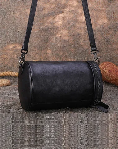 Womens Green Leather Barrel Shoulder Bag Purse Vintage Round Handbag Bucket Crossbody Purse for Women