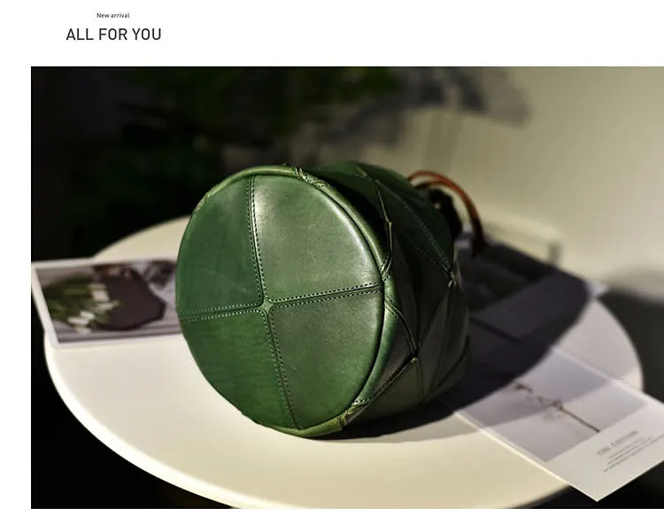 Womens Green Leather Bucket Shoulder Bag Purse Vintage Split Joint Barrel Round Handbag Crossbody Purse for Women