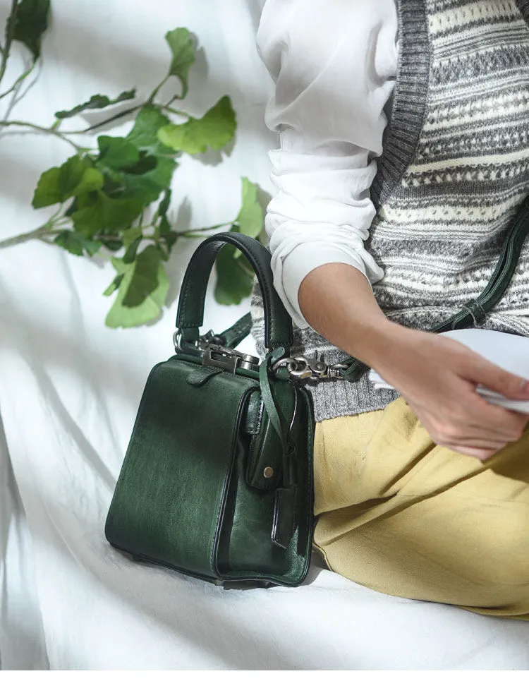 Womens Green Leather Doctor Handbag Purses Square Doctor Crossbody Purse for Women