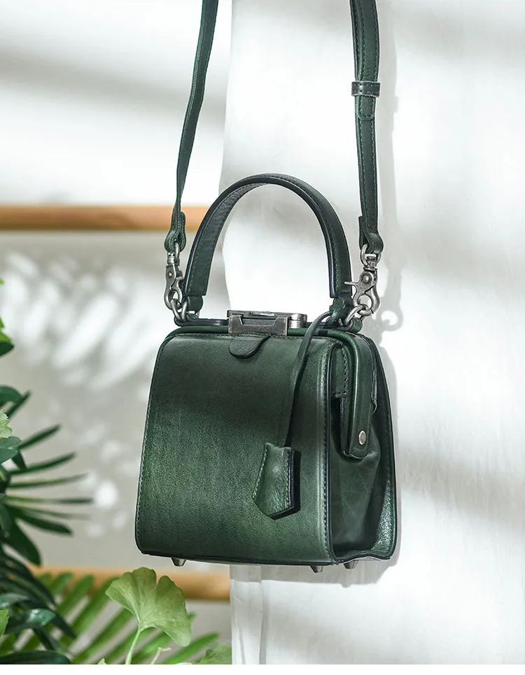 Womens Green Leather Doctor Handbag Purses Square Doctor Crossbody Purse for Women