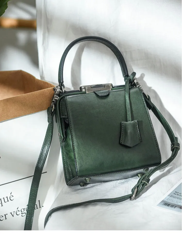 Womens Green Leather Doctor Handbag Purses Square Doctor Crossbody Purse for Women