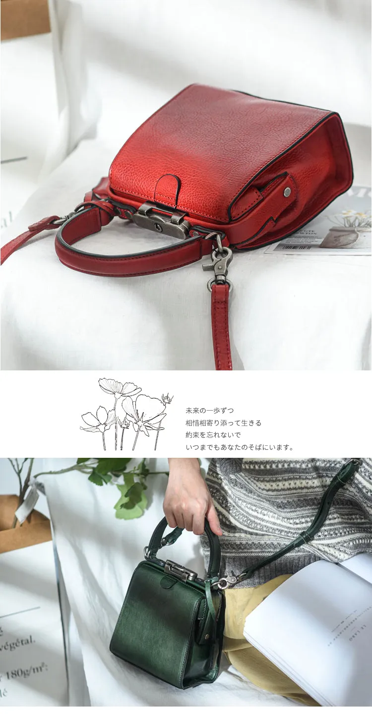 Womens Green Leather Doctor Handbag Purses Square Doctor Crossbody Purse for Women