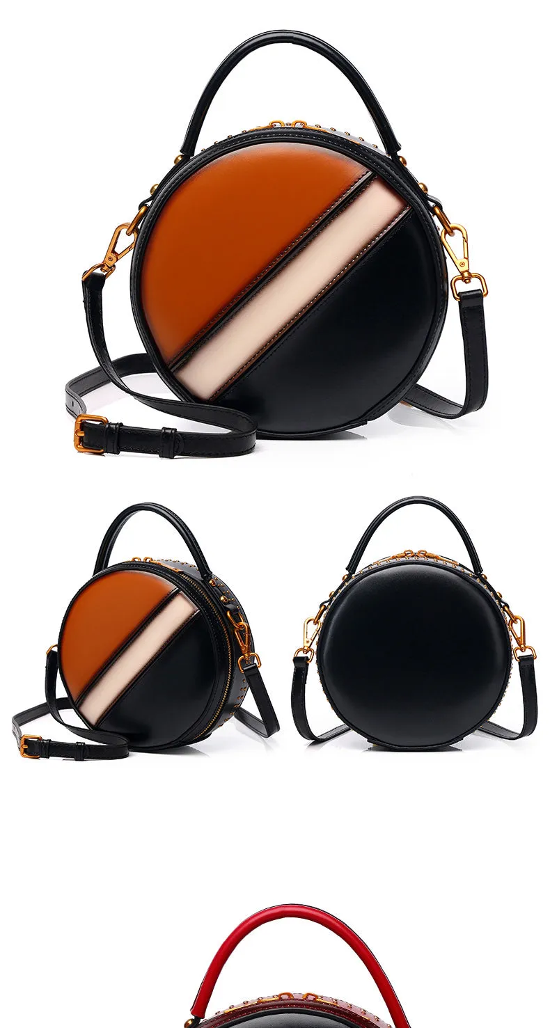 Womens Green Leather Round Handbag CONTRAST COLOR Crossbody Purse Green Round Shoulder Bag for Women