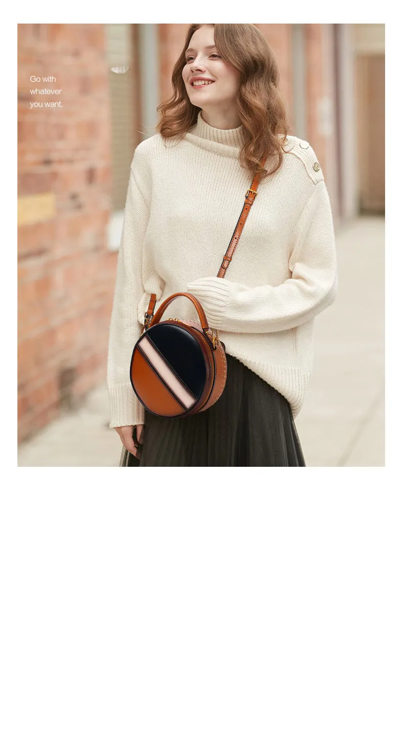 Womens Green Leather Round Handbag CONTRAST COLOR Crossbody Purse Green Round Shoulder Bag for Women