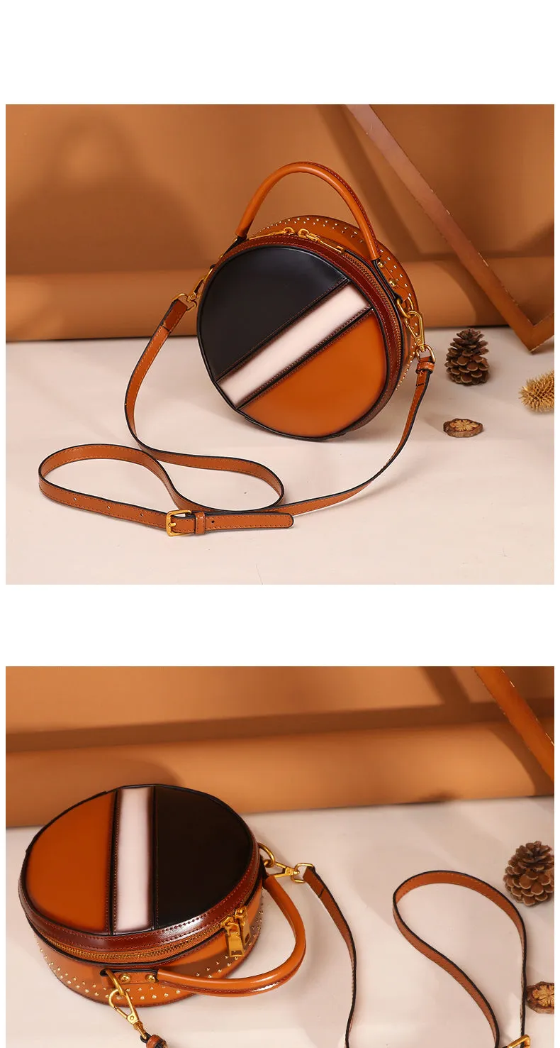 Womens Green Leather Round Handbag CONTRAST COLOR Crossbody Purse Green Round Shoulder Bag for Women