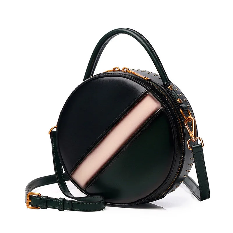 Womens Green Leather Round Handbag CONTRAST COLOR Crossbody Purse Green Round Shoulder Bag for Women