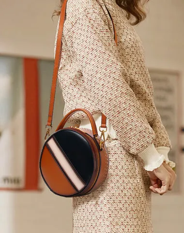 Womens Green Leather Round Handbag CONTRAST COLOR Crossbody Purse Green Round Shoulder Bag for Women