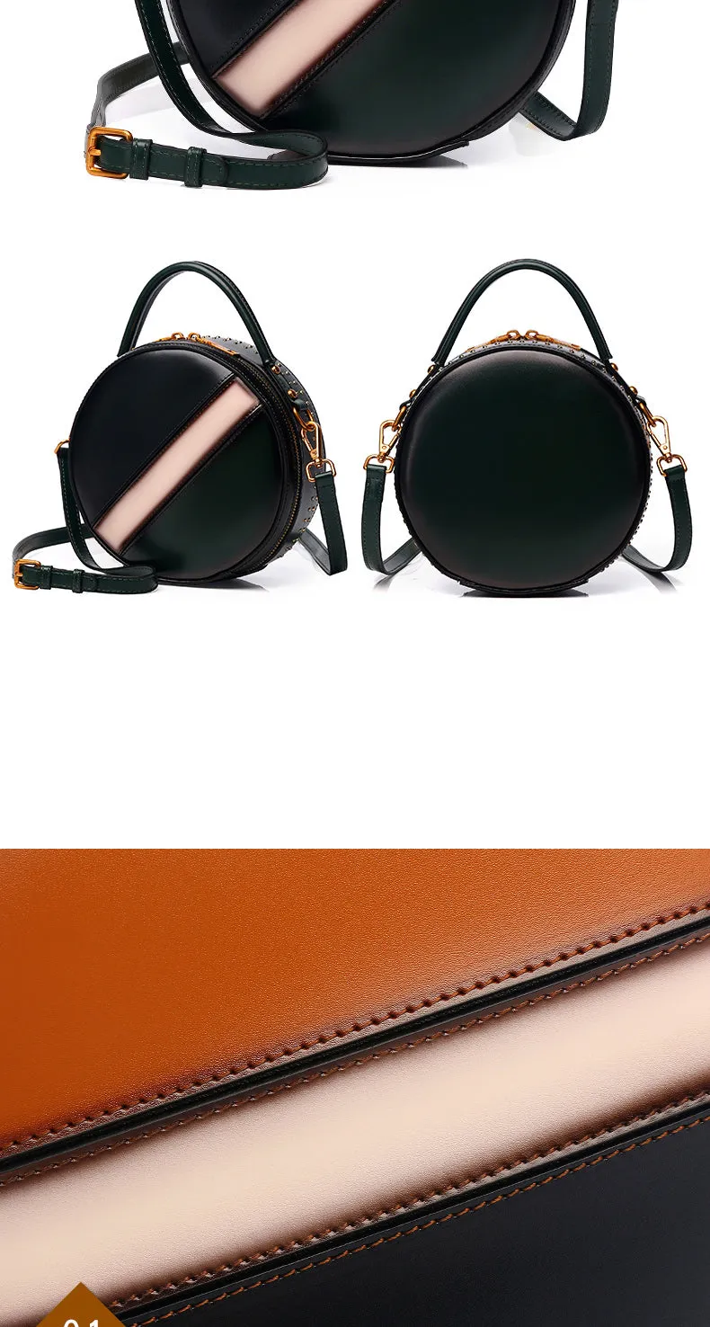Womens Green Leather Round Handbag CONTRAST COLOR Crossbody Purse Green Round Shoulder Bag for Women