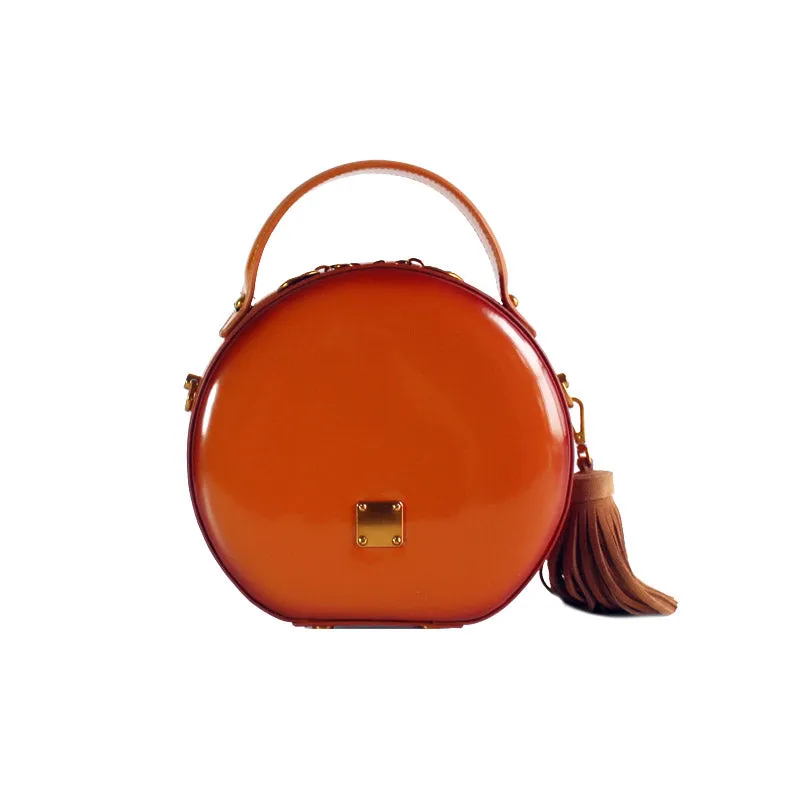 Womens Green Leather Round Handbag Crossbody Purse With Tassels Green Round Shoulder Bags for Women