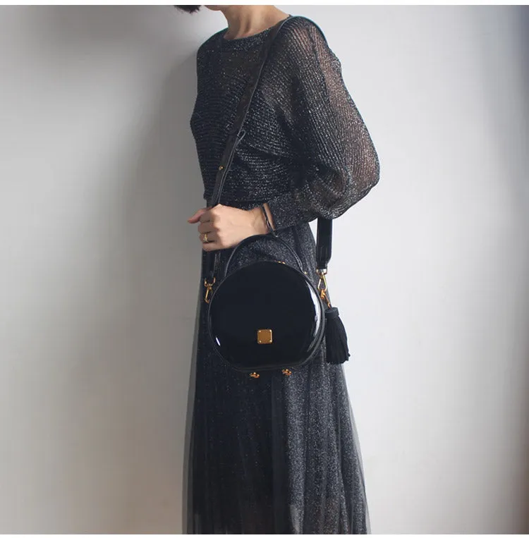 Womens Green Leather Round Handbag Crossbody Purse With Tassels Green Round Shoulder Bags for Women