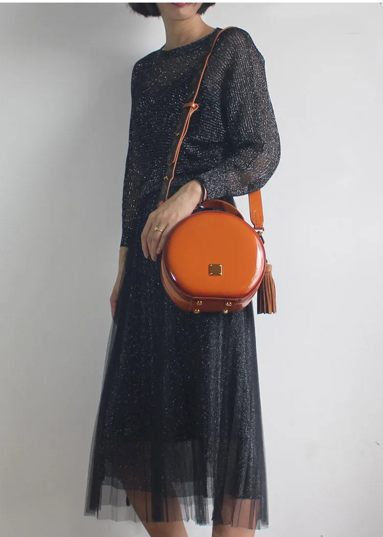 Womens Green Leather Round Handbag Crossbody Purse With Tassels Green Round Shoulder Bags for Women