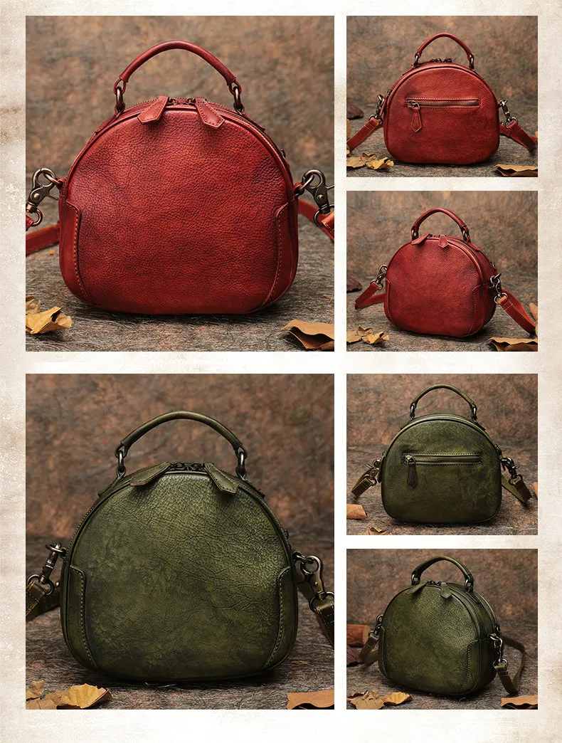 Womens Green Leather Round Handbag Purses Vintage Handmade Round Shoulder Bag Crossbody Handbag for Women