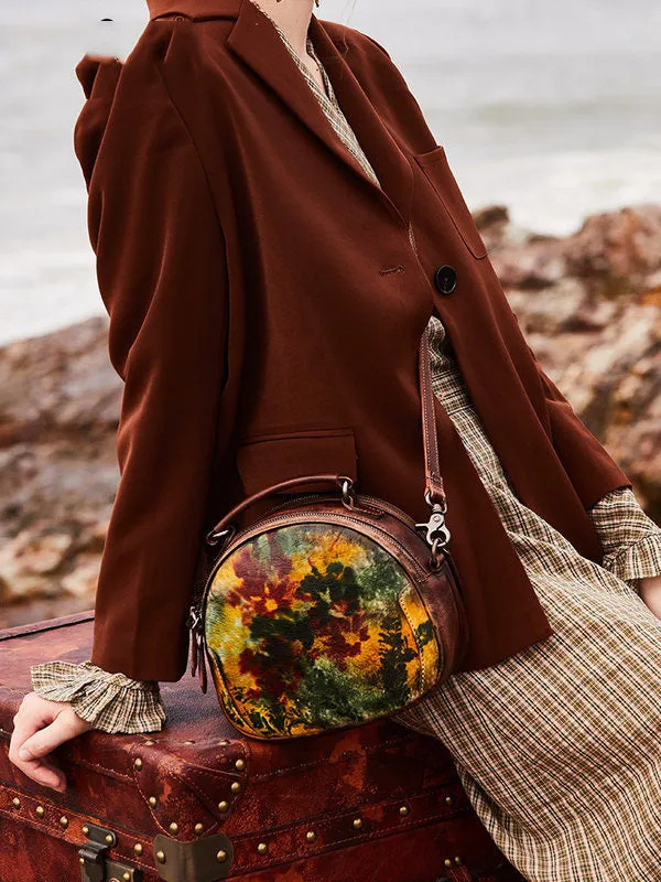 Womens Green Leather Round Handbag Purses Vintage Handmade Round Shoulder Bag Crossbody Handbag for Women