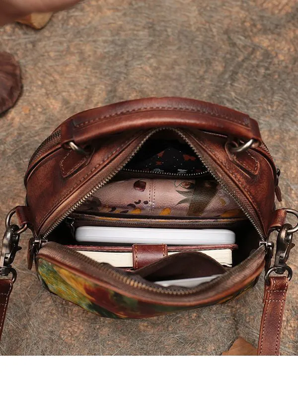 Womens Green Leather Round Handbag Purses Vintage Handmade Round Shoulder Bag Crossbody Handbag for Women