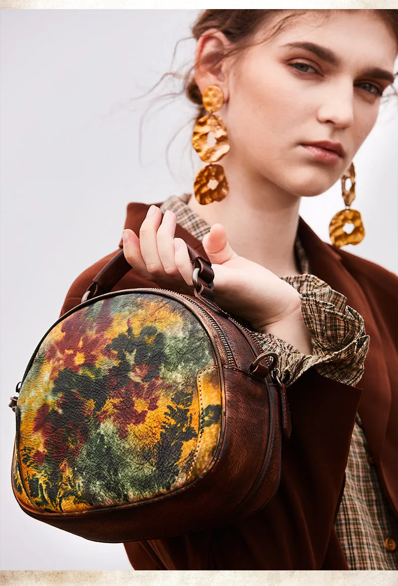 Womens Green Leather Round Handbag Purses Vintage Handmade Round Shoulder Bag Crossbody Handbag for Women
