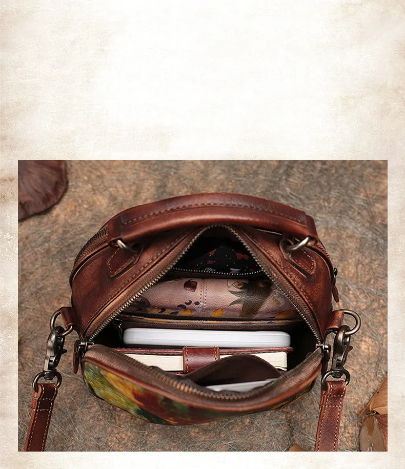 Womens Green Leather Round Handbag Purses Vintage Handmade Round Shoulder Bag Crossbody Handbag for Women