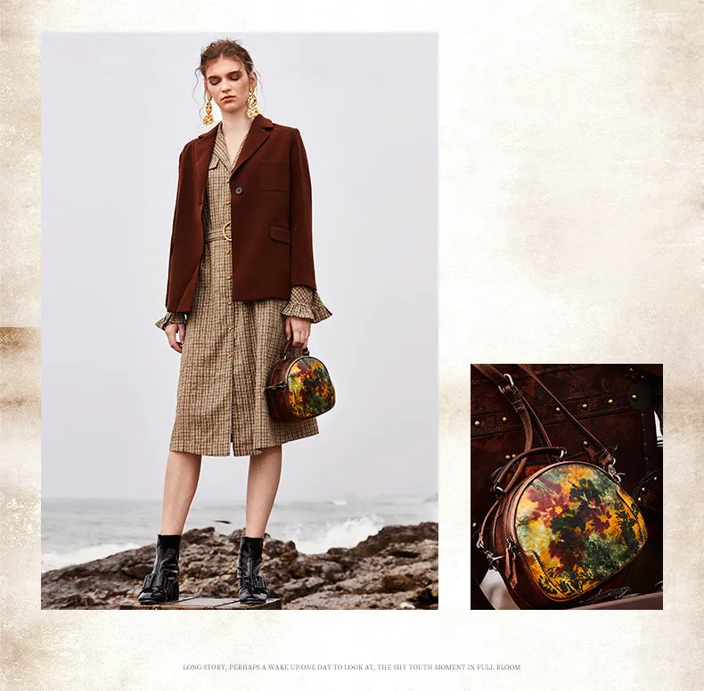 Womens Green Leather Round Handbag Purses Vintage Handmade Round Shoulder Bag Crossbody Handbag for Women