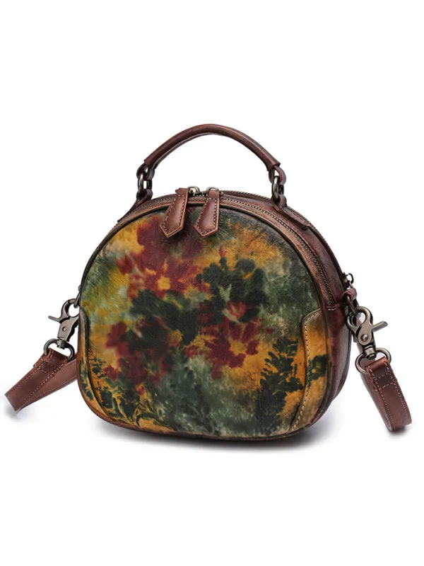 Womens Green Leather Round Handbag Purses Vintage Handmade Round Shoulder Bag Crossbody Handbag for Women