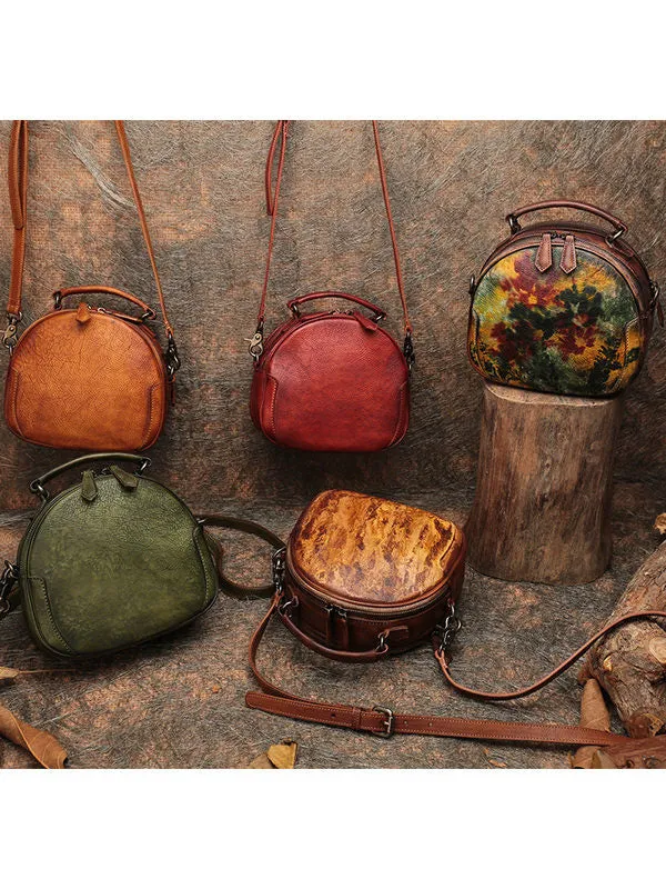 Womens Green Leather Round Handbag Purses Vintage Handmade Round Shoulder Bag Crossbody Handbag for Women