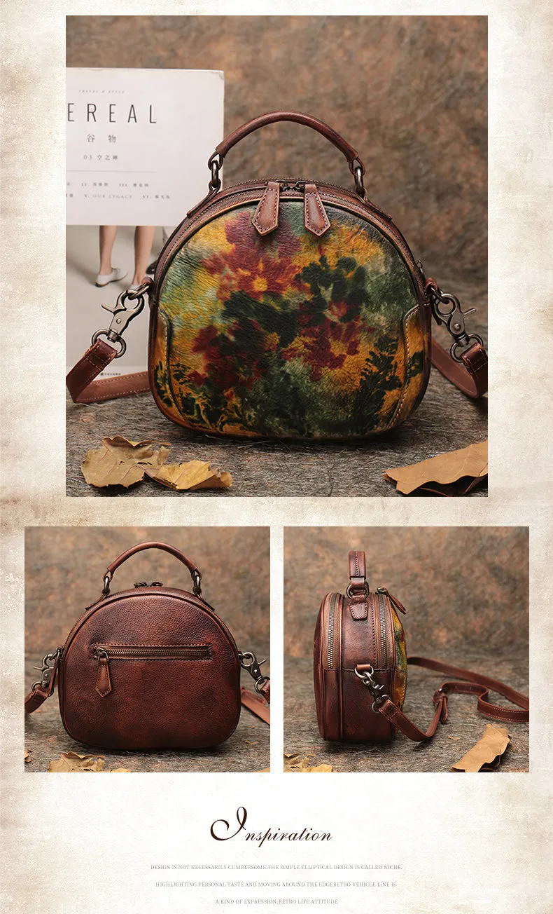 Womens Green Leather Round Handbag Purses Vintage Handmade Round Shoulder Bag Crossbody Handbag for Women