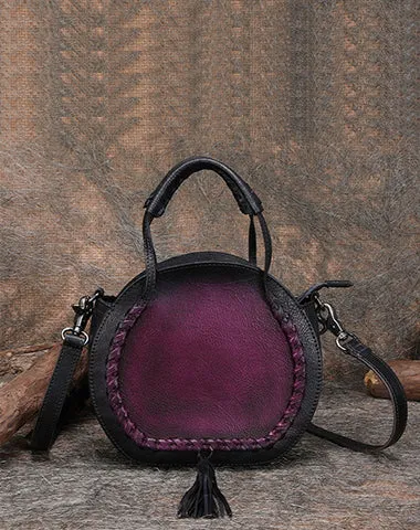 Womens Green Leather Round Handbag Purses with Tassels Vintage Handmade Round Shoulder Bag Crossbody Handbag for Women