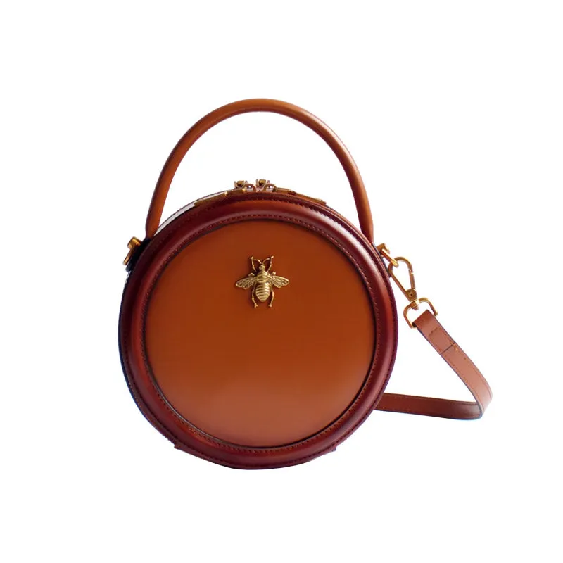 Womens Green Leather Small Round Handbag Crossbody Purse Round Shoulder Bag for Women