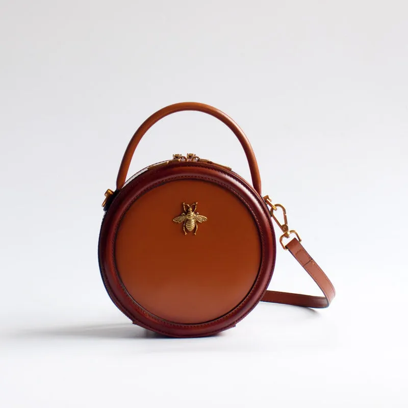 Womens Green Leather Small Round Handbag Crossbody Purse Round Shoulder Bag for Women