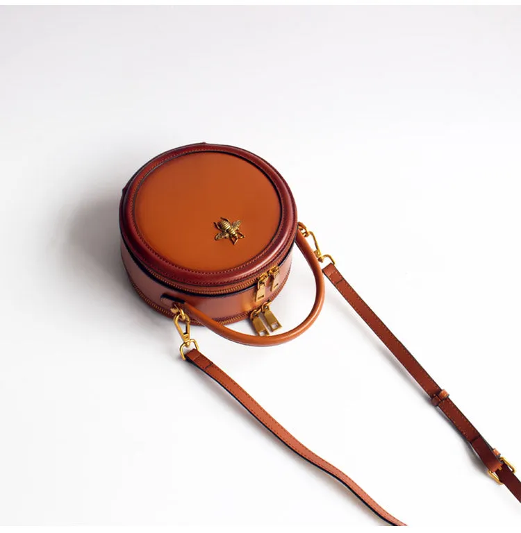 Womens Green Leather Small Round Handbag Crossbody Purse Round Shoulder Bag for Women