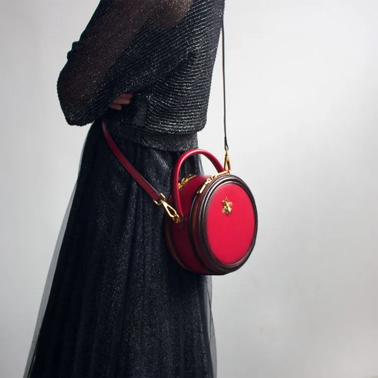 Womens Green Leather Small Round Handbag Crossbody Purse Round Shoulder Bag for Women