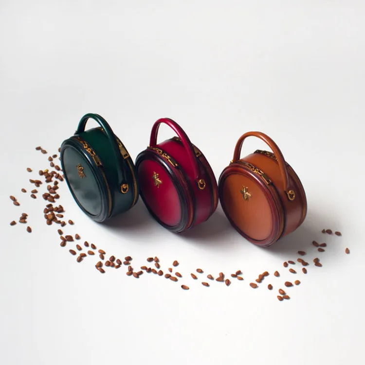Womens Green Leather Small Round Handbag Crossbody Purse Round Shoulder Bag for Women