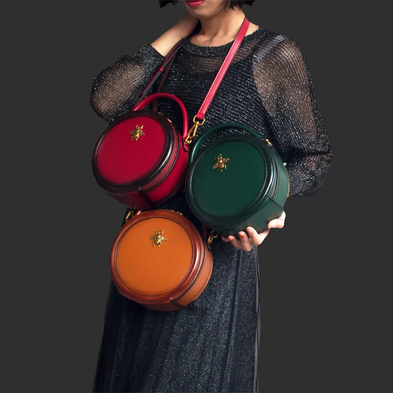Womens Green Leather Small Round Handbag Crossbody Purse Round Shoulder Bag for Women