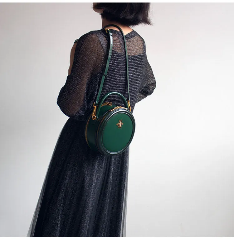 Womens Green Leather Small Round Handbag Crossbody Purse Round Shoulder Bag for Women