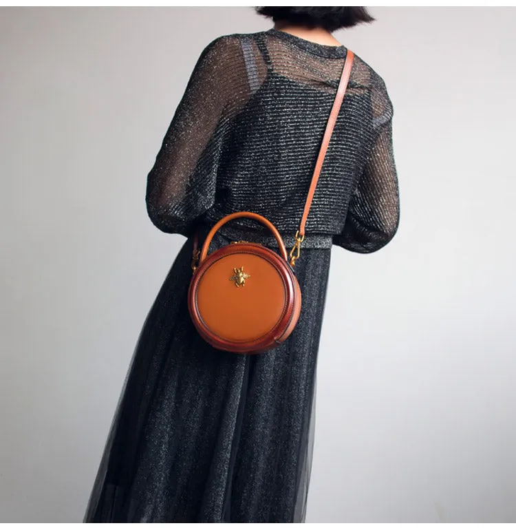 Womens Green Leather Small Round Handbag Crossbody Purse Round Shoulder Bag for Women