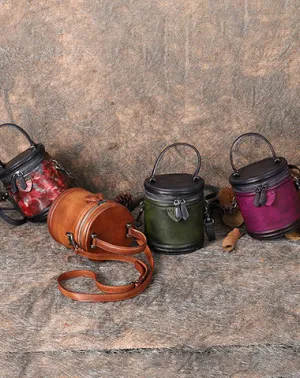 Womens Leather Barrel Handbag Purses Vintage Handmade Round Shoulder Bag Bucket Crossbody Handbag for Women