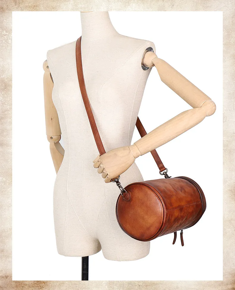 Womens Leather Barrel Shoulder Bag Purse Vintage Round Handbag Bucket Crossbody Purse for Women